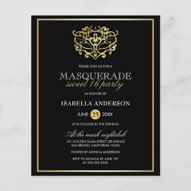 Orçamento Dourado e Mascarada Negro Doce 16 Partid (Frente)