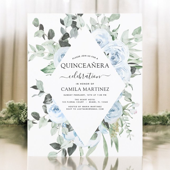 Orçamento Dusty Blue Quinceañera Convite Floral (Criador carregado)