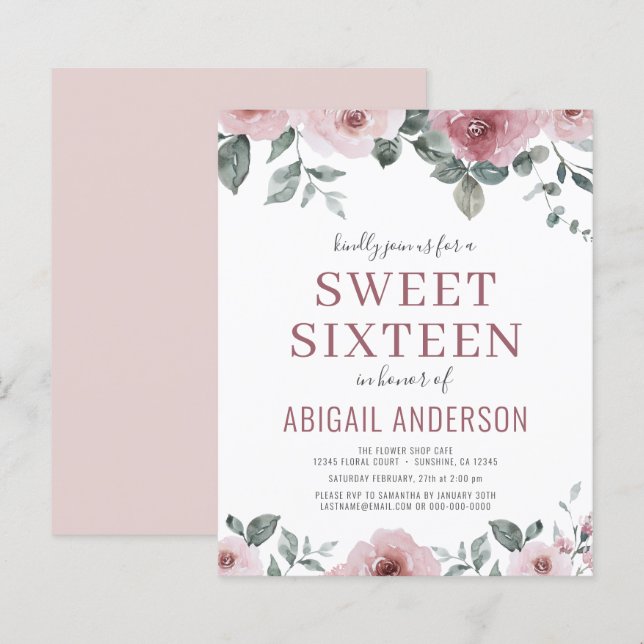 Orçamento Dusty Rosa Floral Doce Dezesseis Convite (Frente/Verso)