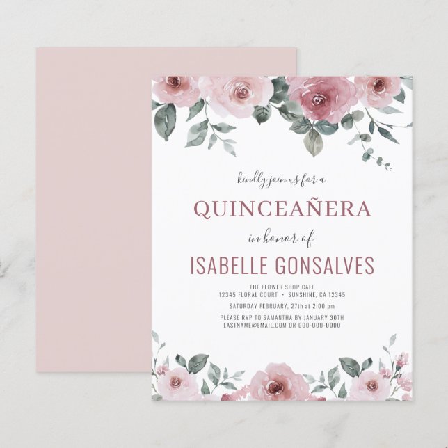 Orçamento Dusty Rosa Floral QUINCEAÑERA Convite (Frente/Verso)