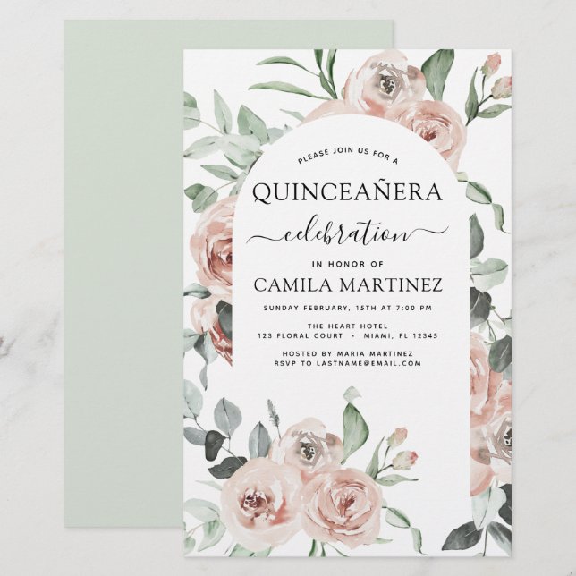 Orçamento Dusty Rosa Quinceañera Convite Floral (Frente/Verso)