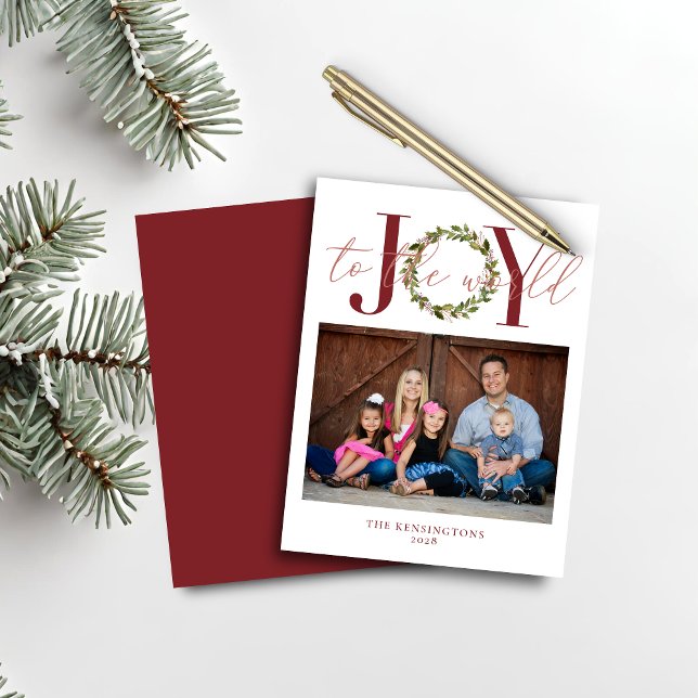 Orçamento Elegante de Natal Joy Wreath Foto (Budget Elegant Christmas Joy Wreath Photo Card)
