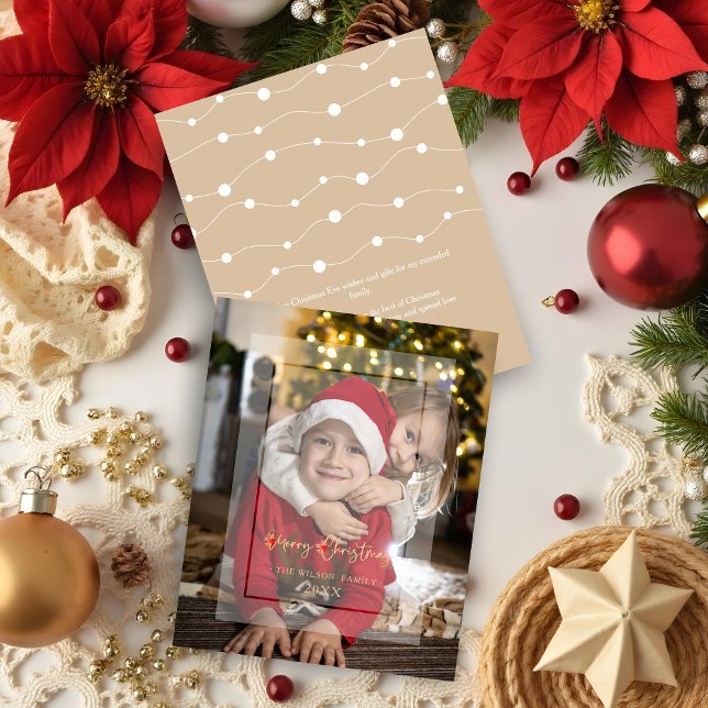 Orçamento Elegante Efeito Vellum Natal Foto (Inexpensive Cheap Modern Elegant Vellum Effect Christmas Photo Holidays Card with Envelope. )