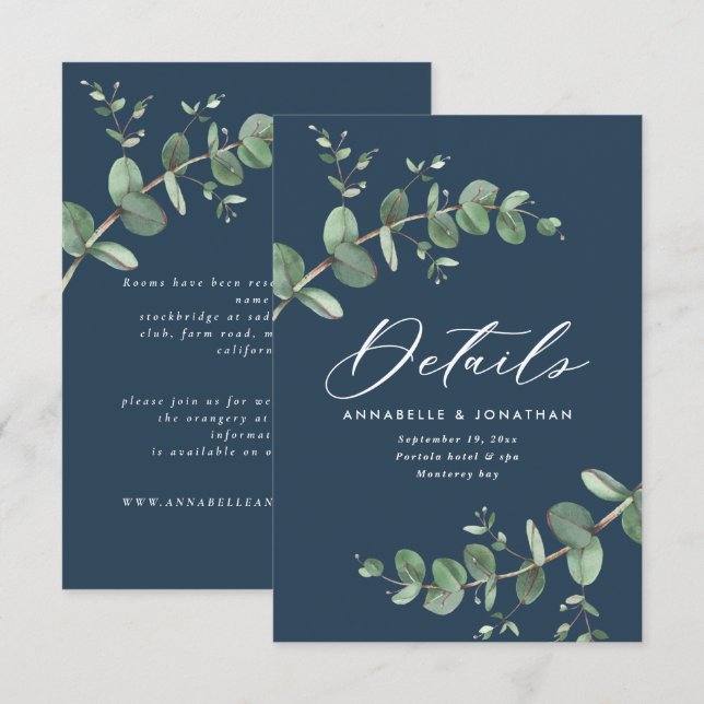 Orçamento elegante marinho azul de eucalipto RSVP  (Frente/Verso)