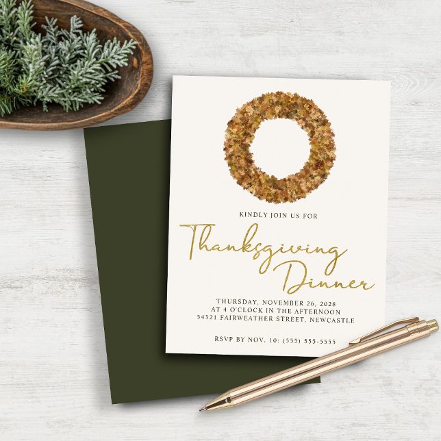 Orçamento Elegante Queda Muralha de Ouro Folha de  (Budget Elegant Fall Wreath Gold Foil Thanksgiving Dinner Invitation)