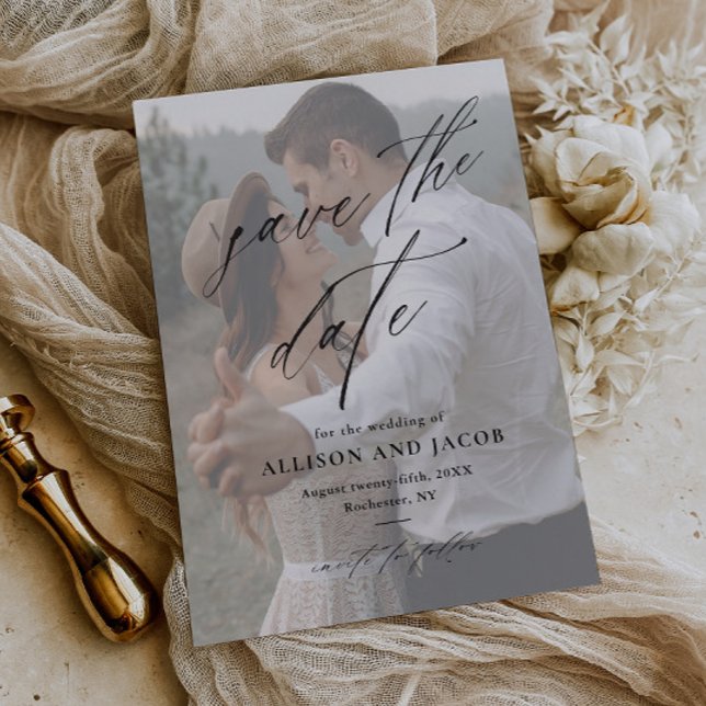 Orçamento Elegante Rascunho Foto Casamento Salvar  (Elegant handwritten budget wedding photo save the date card.)