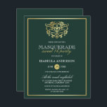 Orçamento Emerald & Dourado Mascarada Doce 16 Part<br><div class="desc">Orçamento Emerald e Mascarada Dourado Doce 16 Convites de festas. Apresentando uma máscara de folha de ouro falsa no topo contra um fundo verde esmeralda. Perfeito para uma festa de aniversário 16 moderna,  mas elegante!</div>