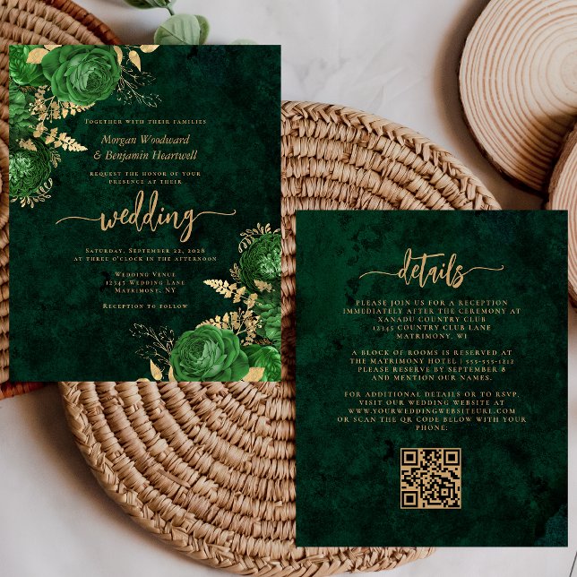 Orçamento Esmeralda Verde Dourado Floral Código QR (Criador carregado)