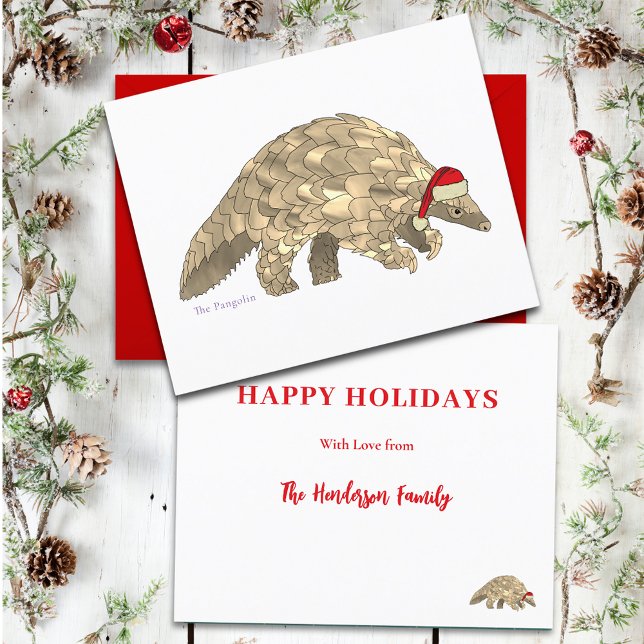 Orçamento Espécies Ameaçadas Papai Noel Fofo Pango (Christmas pangolin wearing a Santa hat budget custom holiday greetings card)