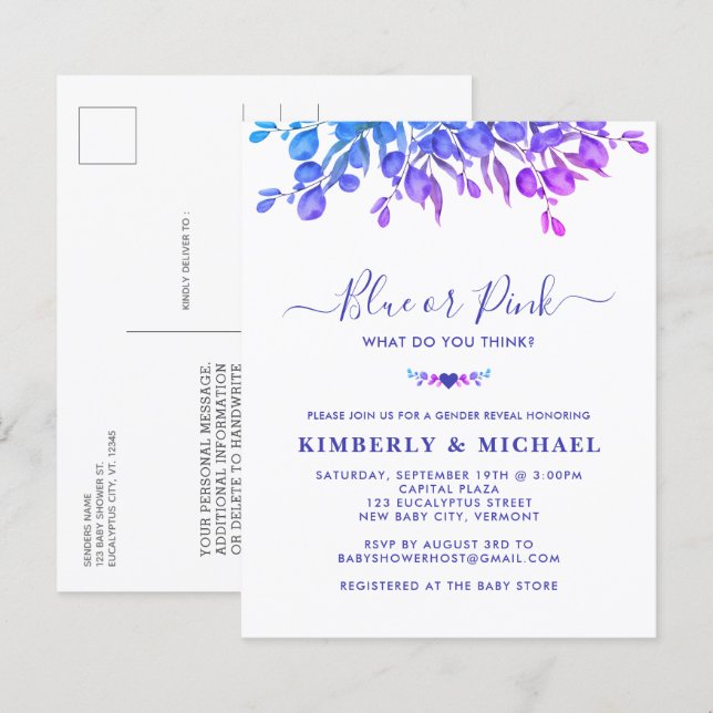 Orçamento Eucalyptus Gênero do bebê Revelação Azul (Frente/Verso)