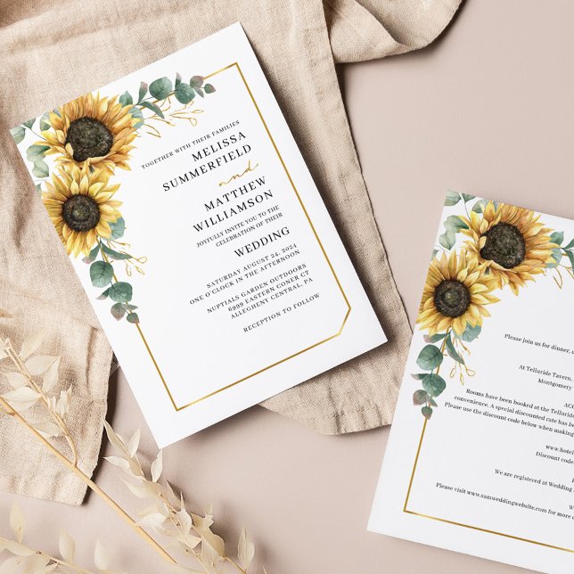 Orçamento Eucalyptus Sunflower Wedding All-in-One (Sunflower Eucalyptus Wedding Invitation All-in-One with Details on the reverse side)