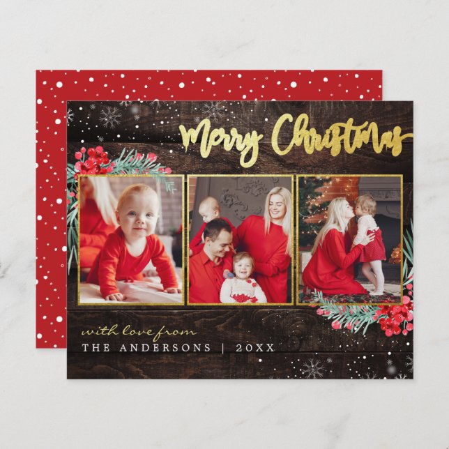 Orçamento Feliz Natal Dourado Madeira 3 Fotografia (Frente/Verso)