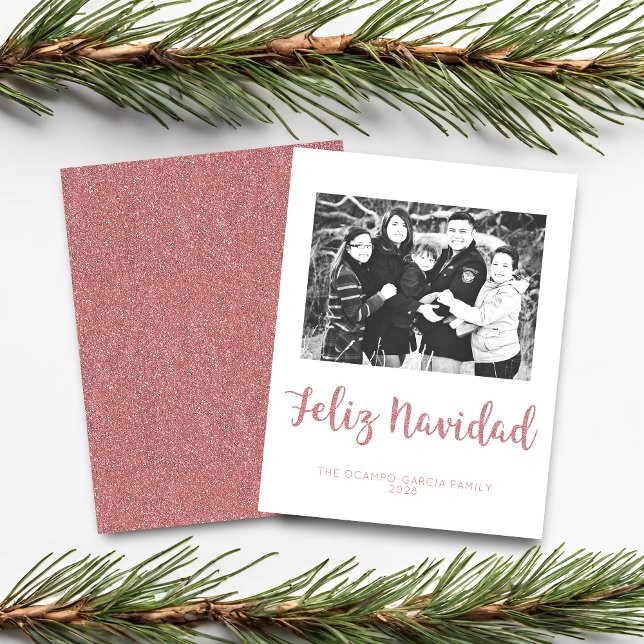Orçamento Feliz Natal Rosa Dourado Brilho Foto (Budget Feliz Navidad Rose Gold Glitter Photo Card)