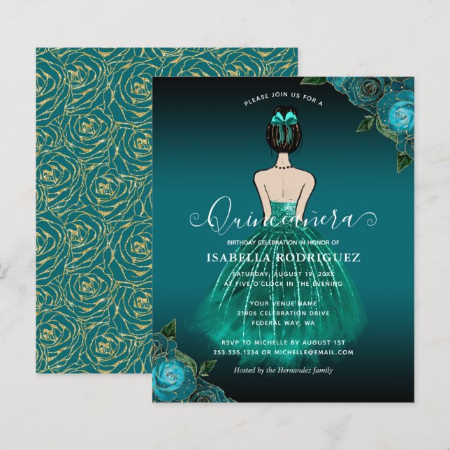 Orçamento Floral Azul Princesa Dourada Quinceañera (Frente/Verso)