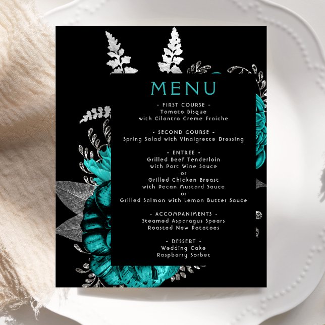 Orçamento Floral Azul Teal Prata Casamento Menu (Criador carregado)
