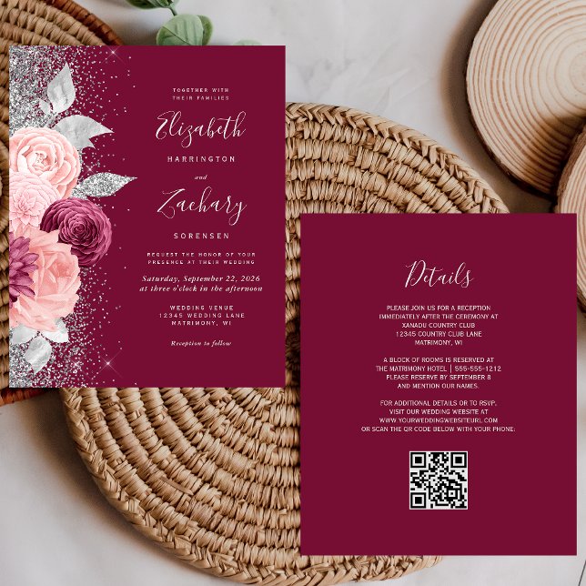 Orçamento Floral Burgundy Prata Código QR Casament (Criador carregado)