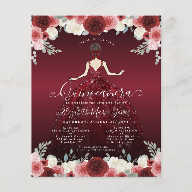 Orçamento Floral Burgundy Red Vress Gown Quinceane (Frente)