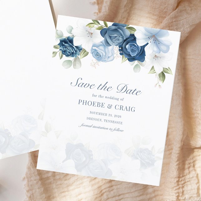 Orçamento Floral em Azul Po dusty Eucalipto Save T (Dusty Blue Floral Wedding Save the Date Watercolor Announcement)