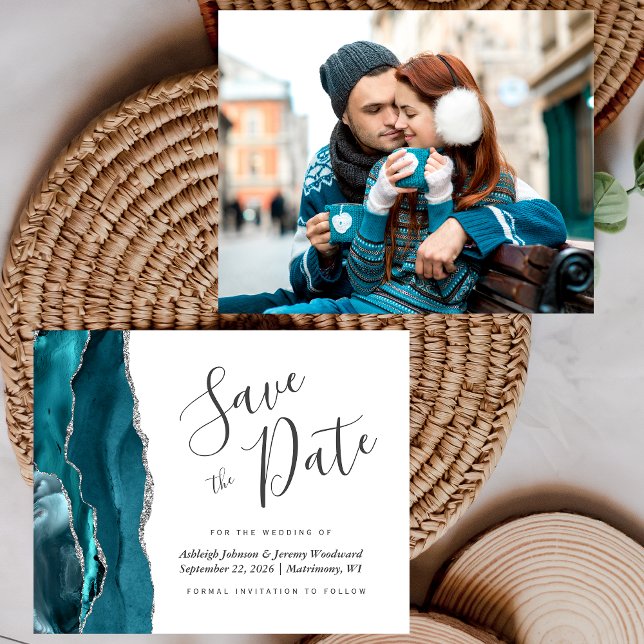Orçamento Foto Ágata Azul Teal Prata Save the Date (Criador carregado)