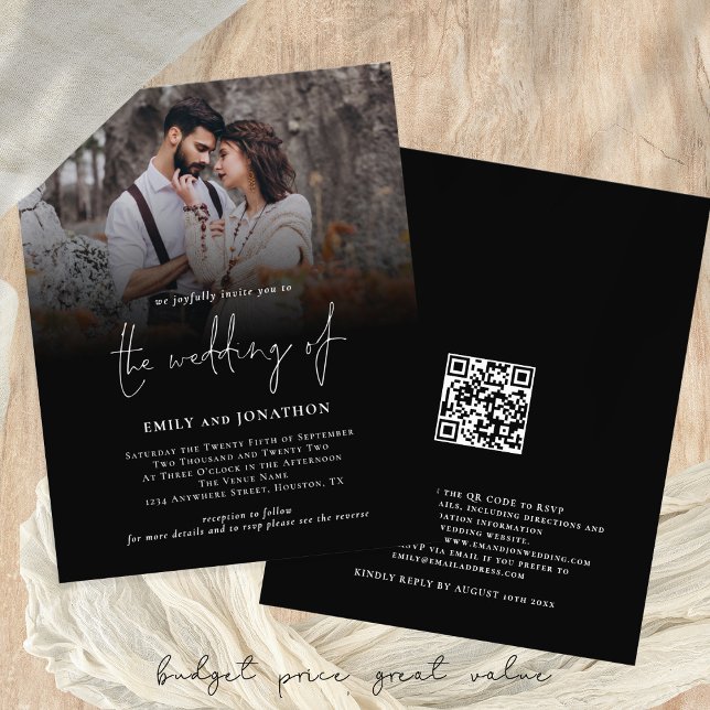 Orçamento Foto Script Código QR Casamento Convite  (Budget Price Wedding Invitations with custo photo and black overlay)