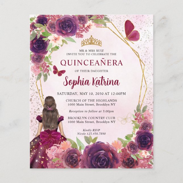 Orçamento Maroon Red Dourado Princesa Floral Quinc (Frente)