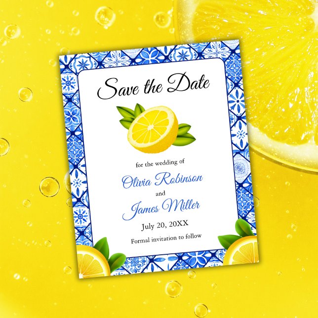Orçamento Mediterrâneo Casamento de Limão Salve a  (Budget Mediterranean Italian Blue Tile Lemon Wedding Save The Date )