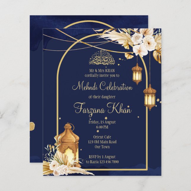 Orçamento Mehndi convida lanternas árabes ouro arc (Frente/Verso)