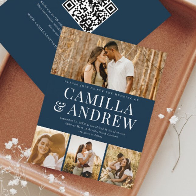 Orçamento Moderno 4 Foto Código QR Convite de Casa (A modern typography 4 photo navy blue wedding invitation with QR Code RSVP on the back.)
