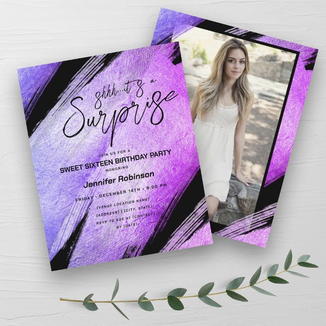 Orçamento Moderno Surpresa Púrpura Doce 16 Convida (Budget Modern Purple Surprise Sweet 16 Invites )