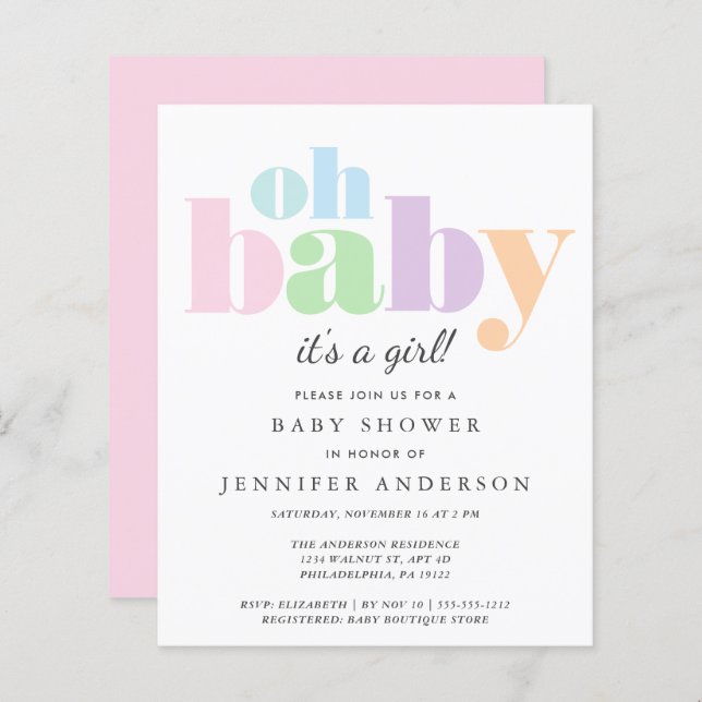 Orçamento Oh Baby Pastel Baby Girl Chá Convite (Frente/Verso)