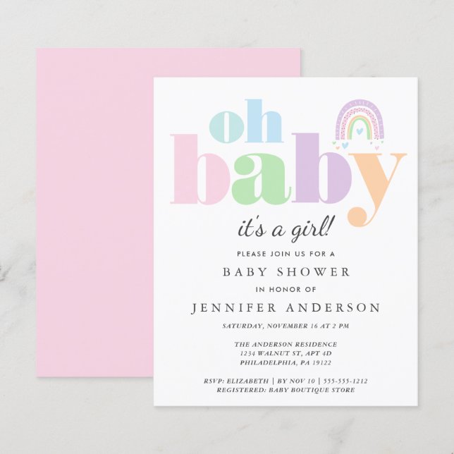 Orçamento Oh Bebê Rainbow Baby Girl Convite Chá (Frente/Verso)
