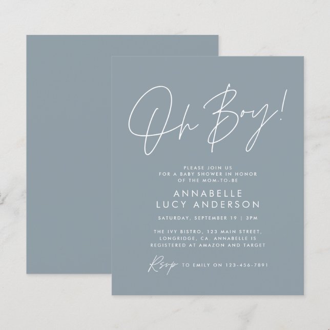 orçamento oh Boy chá de fraldas script azul elegan (Frente/Verso)