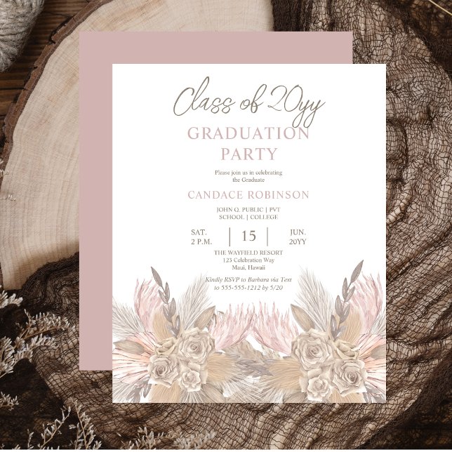ORÇAMENTO Pampas | Convite de formatura neutro em  (BUDGET Pampas Grass and Roses Mocha and Neutral-Toned Graduation Party Invitation)