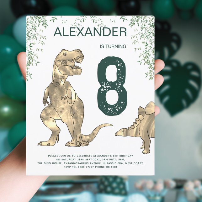 Orçamento para festa de aniversário de meninos com (T-Rex Dinosaur jungle 8th birthday party budget invitation with modern green typography )
