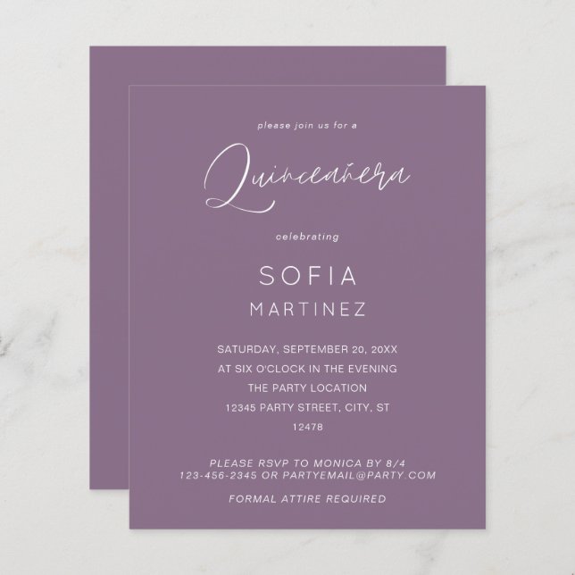 Orçamento Plum Roxo MOD Caligrafia Quinceanera (Frente/Verso)