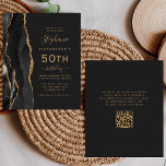 Orçamento Preto Agate Dourado Código QR 50º Aniver<br><div class="desc">A borda esquerda deste elegante e moderno convite de aniversário 50º apresenta uma borda de agata preta, aparada com brilho dourado. O texto personalizável combina manuscrito dourado, fontes em copperplate e itálico em um fundo preto de slate. Adicione instruções RSVP na parte traseira da placa, juntamente com um código QR...</div>