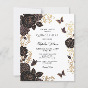 Orçamento Preto Dourado Floral Borboleta Quinceañe