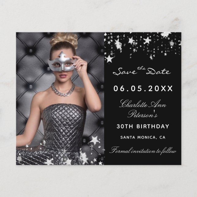 Orçamento preto Foto de aniversário Salve a Data (Frente)