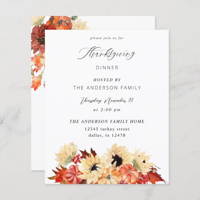 Orçamento Pumpkin & Sunflower Ação de Graças (Frente/Verso)