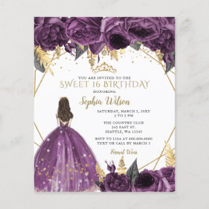 Orçamento Purple Dourado Princesa Sweet 16 Convite