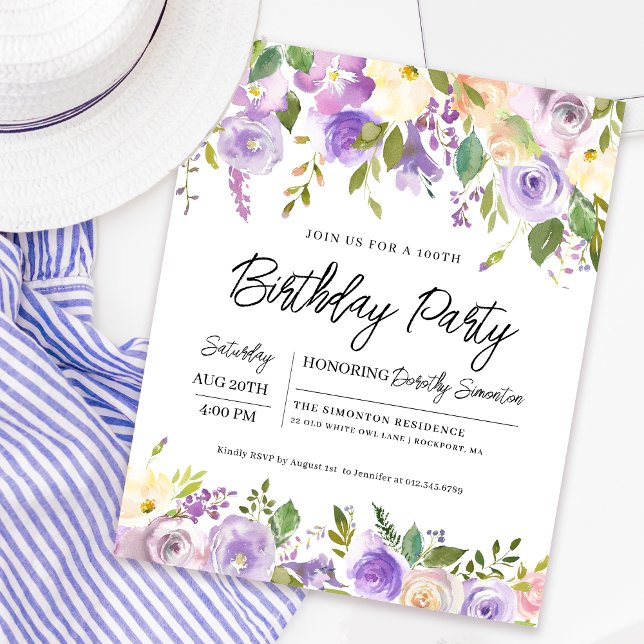 Orçamento Purple Floral 100º Convite de Aniversári (Coordinating welcome signs and party supplies available. Message me for help finding them!)