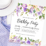 Orçamento Purple Floral 50º Convite de Aniversário<br><div class="desc">Honra uma mulher especial com este convite de aniversário elegante e feminino. Os detalhes da comemoração de aniversário estão cercados por cima e por baixo, bordas florais roxas. Os elementos florais estão aninhados em folhas verdes profundas. Enquanto é um design tradicional, a folhagem botânica aberta e arejada e o texto...</div>
