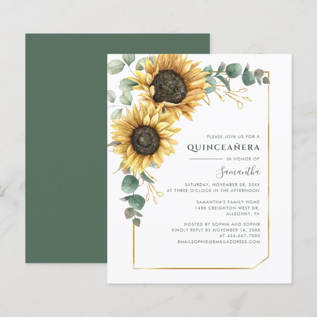 Orçamento Quinceanera 15 Birthday Sunflower Invite (Frente/Verso)