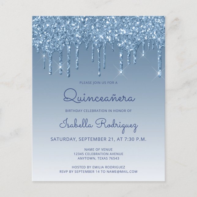 Orçamento Quinceañera Blue Glitter Convite (Frente)