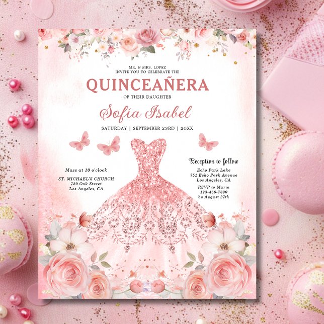 Orçamento Quinceañera Blush Borboleta Floral Rosa (Criador carregado)