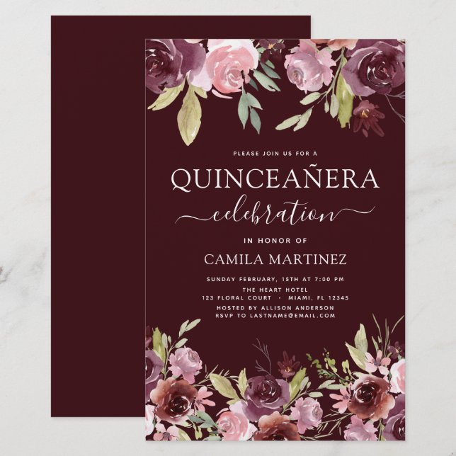 Orçamento Quinceanera Burgundy Convite Floral Rosa (Frente/Verso)