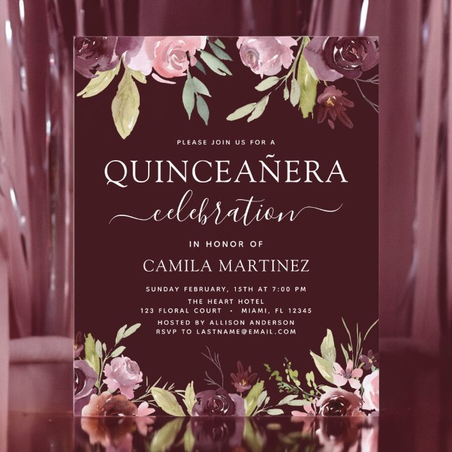 Orçamento Quinceanera Burgundy Convite Floral Rosa (Criador carregado)