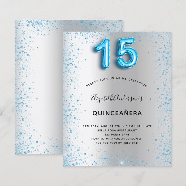 Orçamento Quinceanera, convite à luz azul prateada (Frente/Verso)