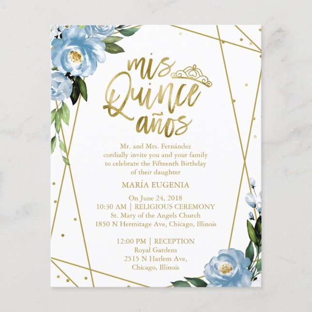 Orçamento Quinceanera Convite Bilíngue Azul (Frente)