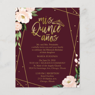 Orçamento Quinceanera Convite Bilíngue Burgundy
